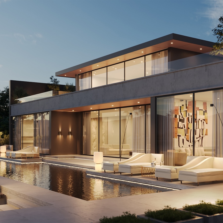 Modern villa with pool and glass facade at dusk