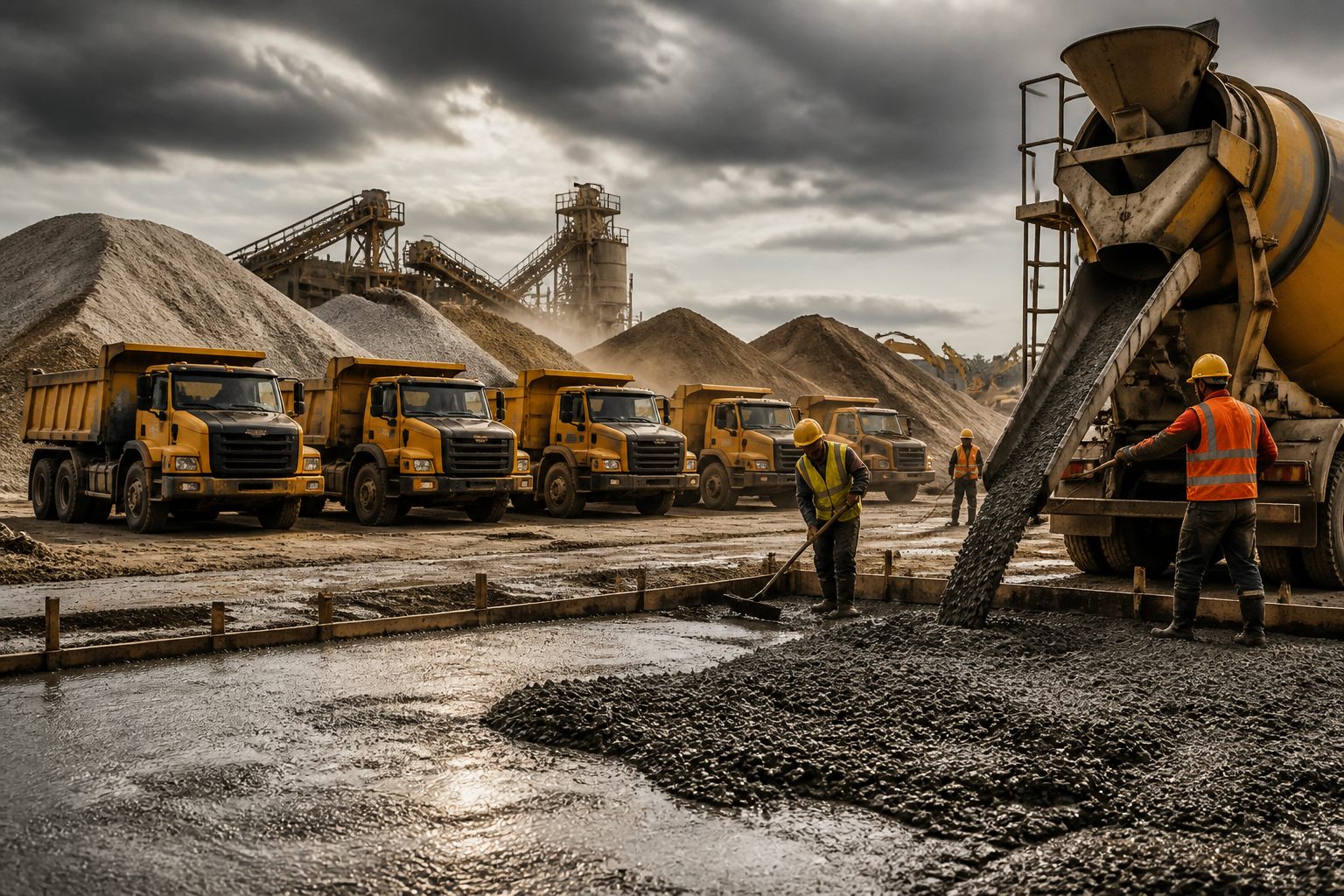 Aggregate yard with tipper trucks and a concrete mixer pouring a slab