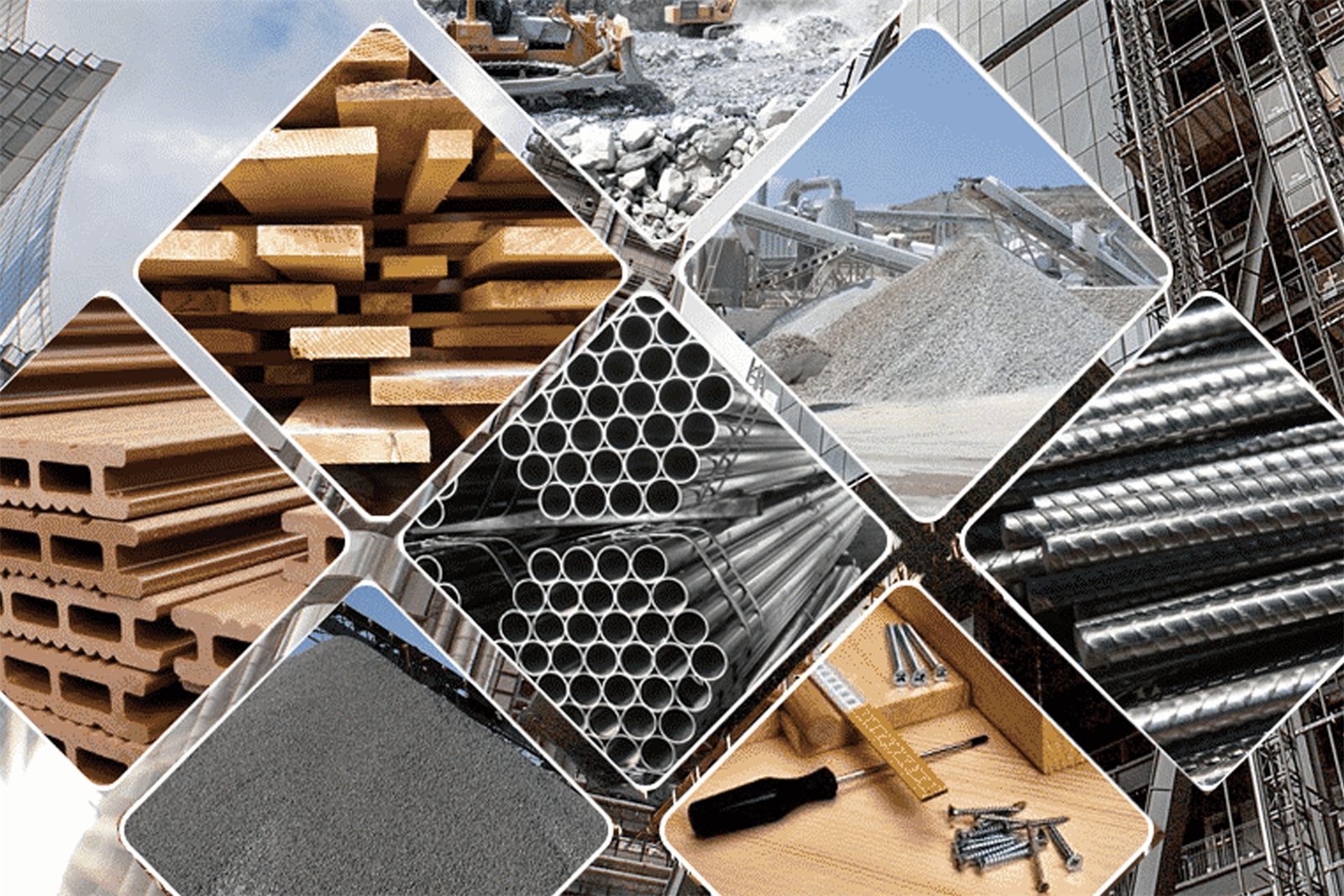 Construction materials — timber, steel pipe, rebar, bricks and aggregate